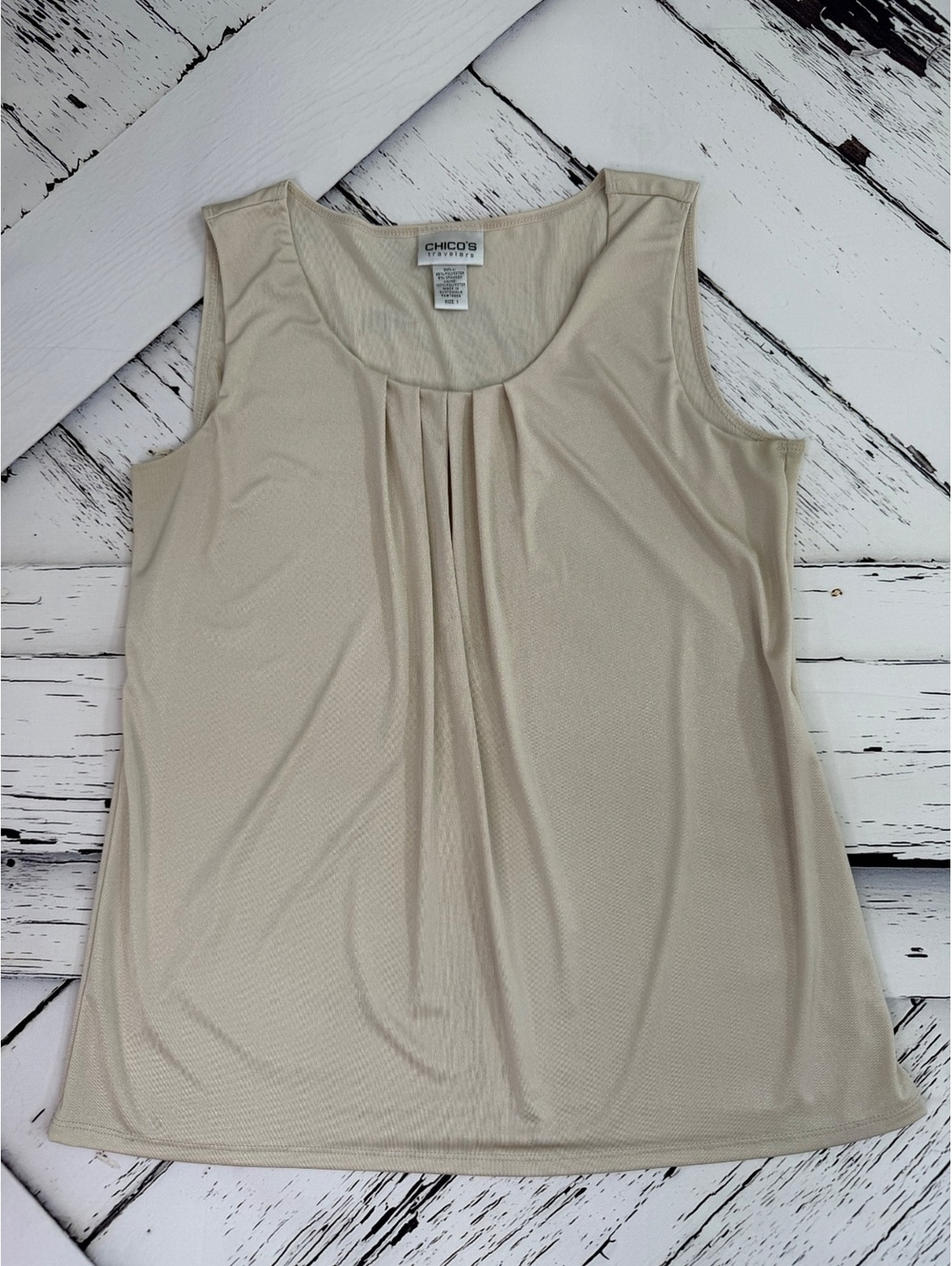 Chico's Minimalist Travelers Tan Champagne Pleated Sleeveless Blouse Women M